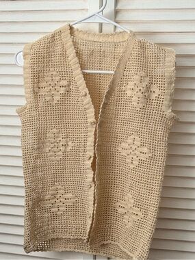 Granny Crochet Handmade Folk Boho Indie Womens Beige Button up Vest